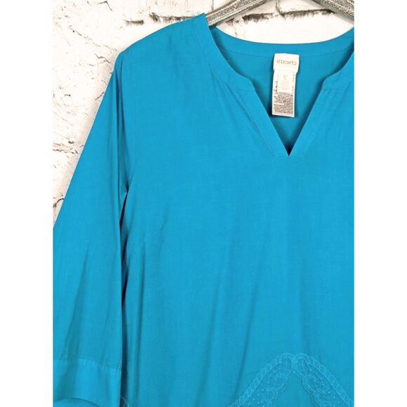 CHICO'S Boho Cottage Peasant Embroidered Lace Trim Tunic Size 2 (L/12) - Picture 3 of 8